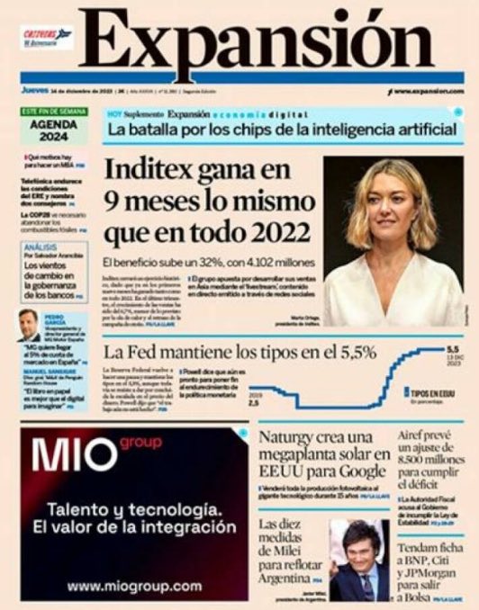 Buenos días. Estas son las principales portadas de la prensa económica 📈 📉 del jueves, 14 de diciembre de 2023