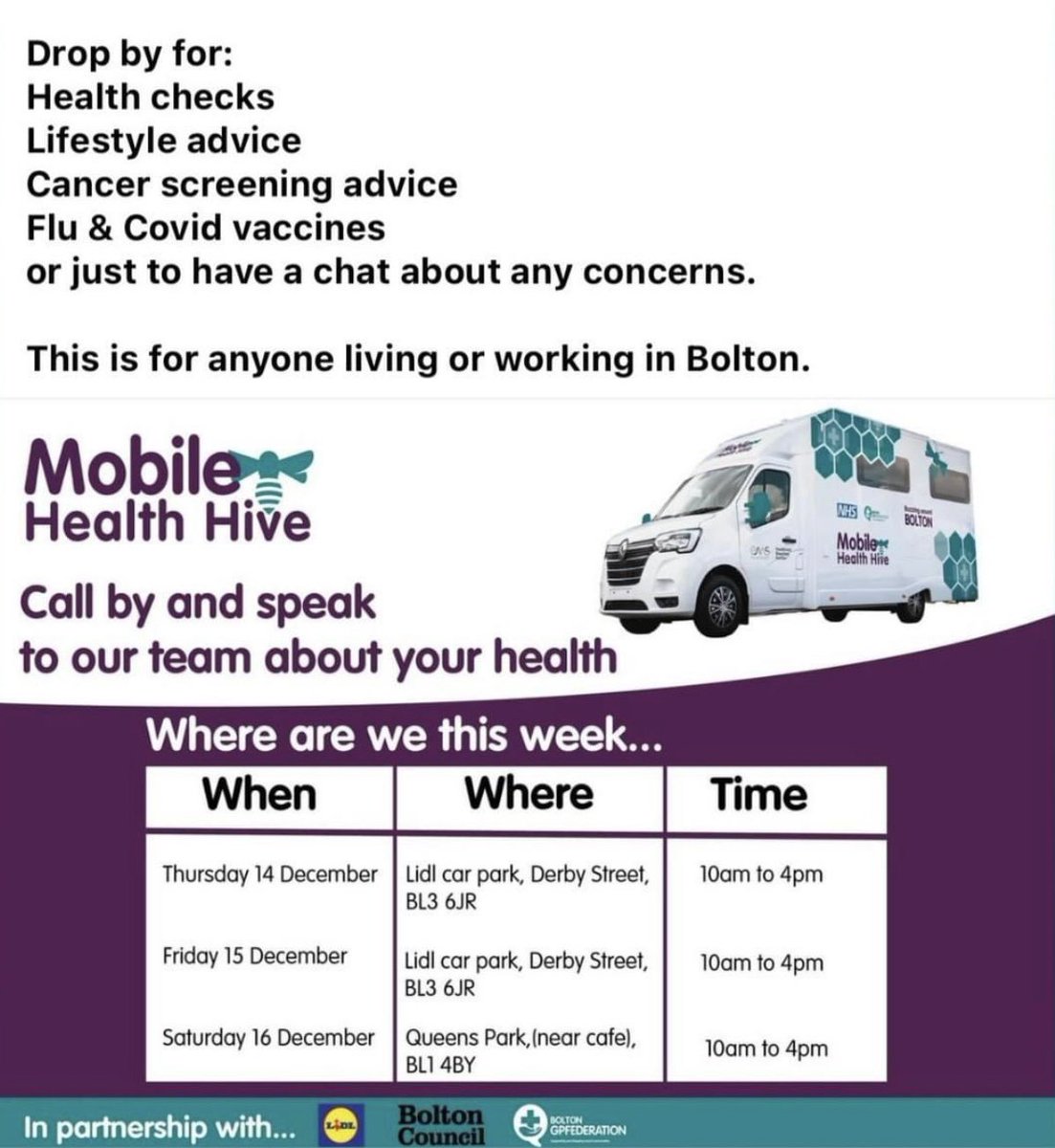 Rumworth PCN SPLW (@rumworthpcn) on Twitter photo π Come on down to Lidl Car Park, Derby Street, BL3 6JR
π - π 10am - 4pm
π· FREE
π©Ί Health Checks, lifestyle advice, cancer screening advice, flu & covid vaccinations.
π£οΈ Chat about any worries you may have regarding your health.
πββοΈπββοΈ For anybody living or working in Bolton π Come on down to Lidl Car Park, Derby Street, BL3 6JR
π - π 10am - 4pm
π· FREE
π©Ί Health Checks, lifestyle advice, cancer screening advice, flu & covid vaccinations.
π£οΈ Chat about any worries you may have regarding your health.
πββοΈπββοΈ For anybody living or working in Bolton