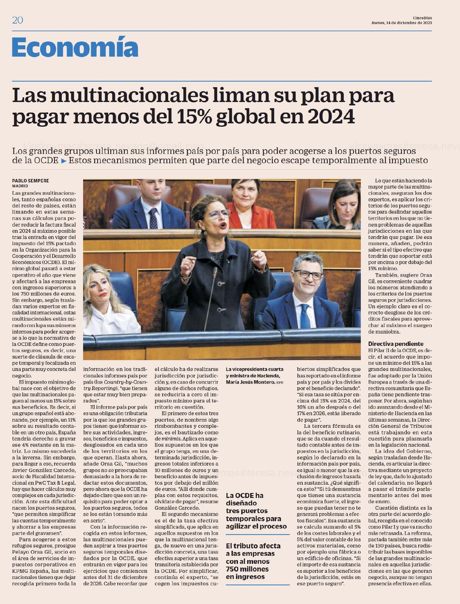 🔸 Las multinacionales liman su plan para pagar menos del 15% global en 2024 🔸 Los grandes grupos ultiman sus informes país por país para poder acogerse a los puertos seguros de la OCDE. cincodias.elpais.com/economia/2023-…