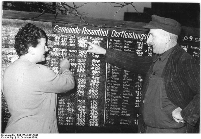 14 December 1956: a 'Dorfleistungstafel' shows the achievements of East German farmers in Rosenthal (via Bundesarchiv)