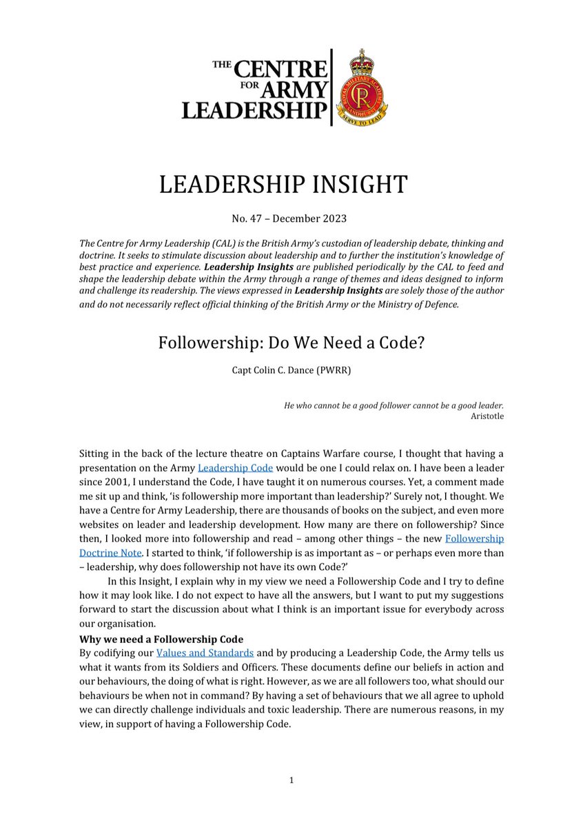 Just released: Insight No.47 - 'Followership: Do We Need A Followership Code?’ by Captain Colin C. Dance (PWRR) Discover the keys to effective followership and building stronger teams. Dive in here: shorturl.at/tEKZ8 #Leadership #Followership #Teamwork