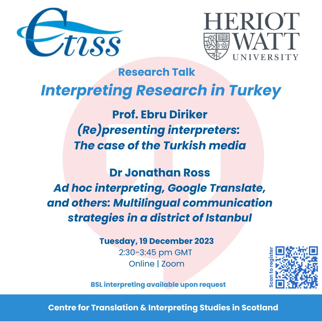 Kate Ferguson (@katemferg) on Twitter photo Join <a href="/HW_CTISS/">Heriot Watt CTISS</a> for our last research talk of the year, focusing on interpreting research in Turkey with <a href="/BCeviribilim/">BU Dept. of Translation & Interpreting Studies</a>'s 𝗘𝗯𝗿𝘂 𝗗𝗶𝗿𝗶𝗸𝗲𝗿 and 𝗝𝗼𝗻𝗮𝘁𝗵𝗮𝗻 𝗥𝗼𝘀𝘀
Scan the QR code or click here to register: zoom.us/webinar/regist…
<a href="/HW_LifeinLINCS/">LINCS Heriot-Watt</a> <a href="/Jonatha28029342/">Jonathan Maurice Ross</a> Join <a href="/HW_CTISS/">Heriot Watt CTISS</a> for our last research talk of the year, focusing on interpreting research in Turkey with <a href="/BCeviribilim/">BU Dept. of Translation & Interpreting Studies</a>'s 𝗘𝗯𝗿𝘂 𝗗𝗶𝗿𝗶𝗸𝗲𝗿 and 𝗝𝗼𝗻𝗮𝘁𝗵𝗮𝗻 𝗥𝗼𝘀𝘀
Scan the QR code or click here to register: zoom.us/webinar/regist…
<a href="/HW_LifeinLINCS/">LINCS Heriot-Watt</a> <a href="/Jonatha28029342/">Jonathan Maurice Ross</a>