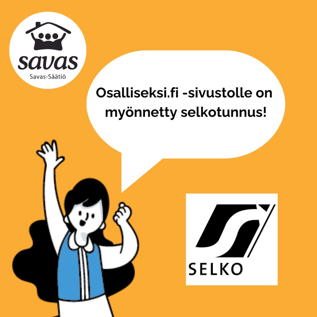 Osalliseksi.fi sivusto sai selkotunnuksen! Sivustolta löytyy uusi, selkokielinen ja havainnollistettu osallisuuden arvioinnin työväline. Yhteistyössä:
<a href="/KVLiitto/">Kehitysvammaliitto</a>
<a href="/Tikoteekki/">Tikoteekki</a>
<a href="/THLorg/">THL</a>
@kvpsfi
<a href="/kymenhva/">Kymenlaakson hyvinvointialue</a>
@Kvtuki57
Keski-Suomen Vammaispalvelusäätiö, Savas-Säätiö, Vernerinet