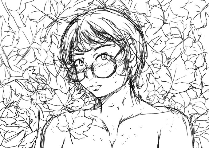 落葉に埋まる少女。ペン入れ?うーん? 