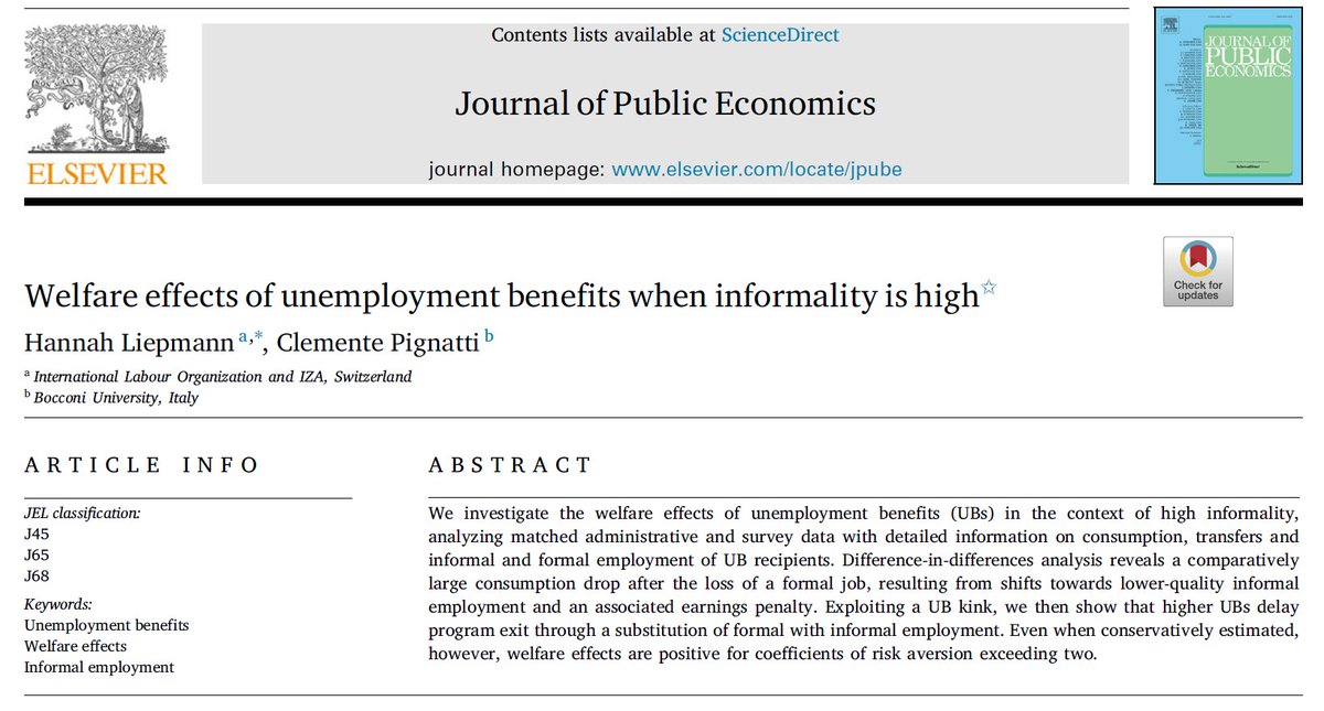 New article with H. Liepmann just out @JPubEcon We match social security with household survey data to study the effects of job loss in a labor market with high informality. How much wages and consumption drop? Can unemployment benefits help? What is the role of informal jobs?🧵