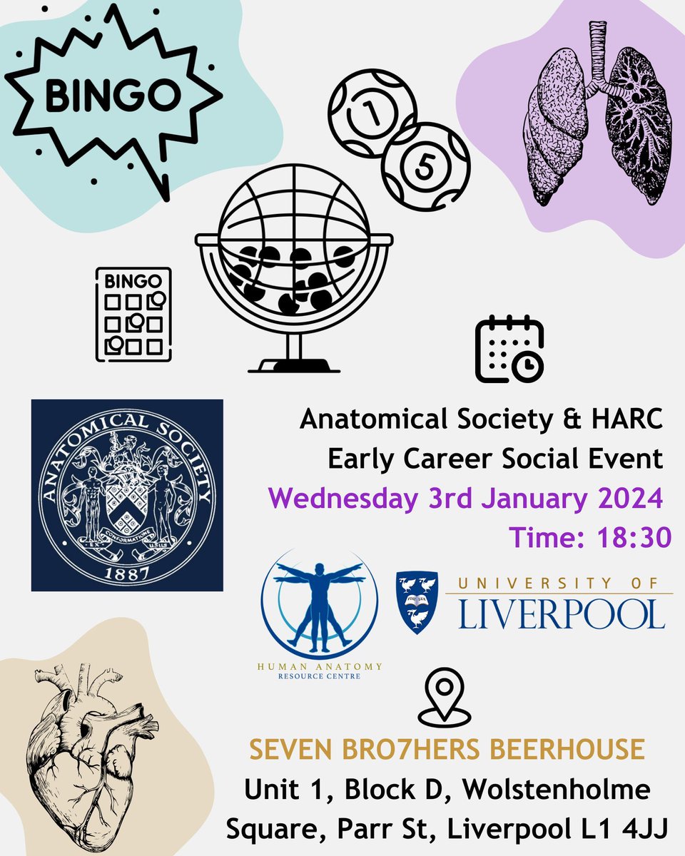 To all our ECMs coming to #AnatSocWinter  at the University  of Liverpool. The EC/student social is on after Day 1 (3rd Jan) at the seven brothers beerhouse. Come and join us there at 18:30 for drinks and anatomy bingo. We can’t wait to see you all! Details below: