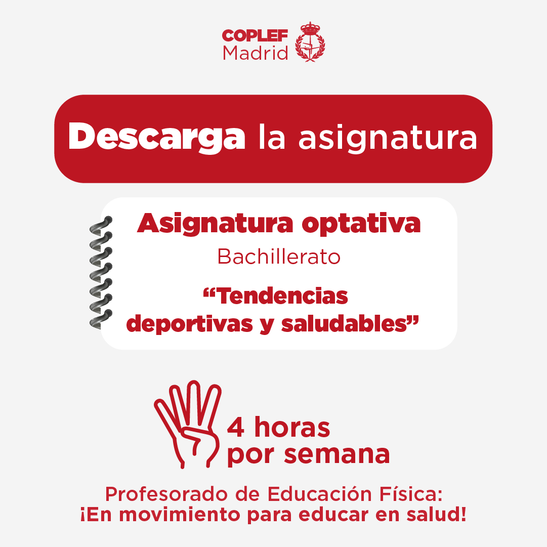 ¡DESCARGA Y SOLICITA!

Ya disponible para descarga la propuesta de asignatura optativa para Bachillerato “Tendencias deportivas y saludables”. Toda la info👉 bit.ly/3uTLMsJ

Desde COPLEF Madrid nos ponemos a vuestra disposición para su implementación.