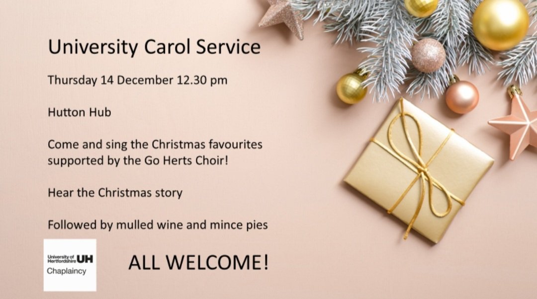 *TODAY!* Join us in the Hutton Foyer for chance to sing a great selection of traditional carols and hear the Christmas story. All welcome! 🌈🎶🎄👼@uniofherts @hertssu <a href="/diostalbans/">The Diocese of St Albans</a> <a href="/hertscu/">UH CHRISTIAN UNION</a>