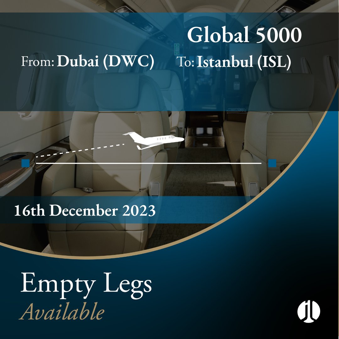 jetlogic's tweet image. EMPTY LEG ALERT. #Dubai &amp;gt;&amp;gt;&amp;gt; #Istanbul. 16th December 2023. 12 pax. 

Contact @jetlogic to discuss your charter requirements. 

&amp;gt; +44 131 478 0802
&amp;gt; jlcharter@jetlogic.com

#FlyJetlogic #EmptyLeg #PrivateJet