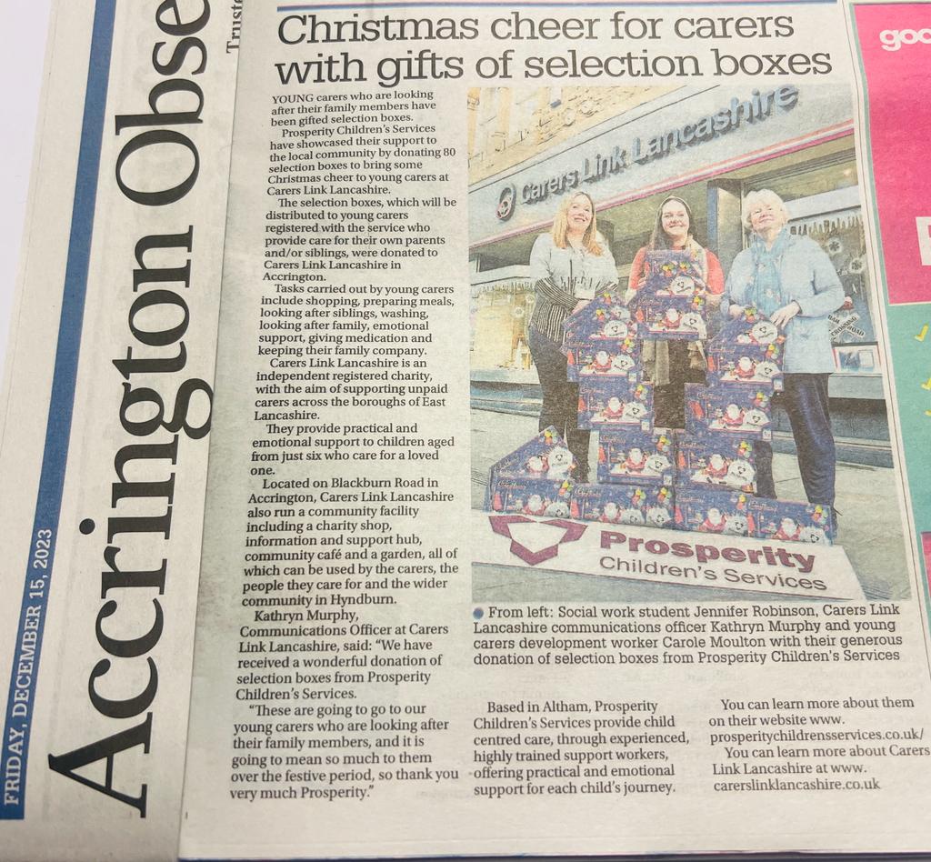 Prosperity Children's Services (@prosperitycsuk) on Twitter photo 📰👀 Fantastic to see our selection box donation to <a href="/CarersLinkLancs/">CarersLinkLancashire</a> is featured in today's Accrington Observer:
"Christmas cheer for carers with gifts of selection boxes"
Read more via <a href="/AccringtonNews/">Accrington Observer</a> #Accrington #CSR 📰👀 Fantastic to see our selection box donation to <a href="/CarersLinkLancs/">CarersLinkLancashire</a> is featured in today's Accrington Observer:
"Christmas cheer for carers with gifts of selection boxes"
Read more via <a href="/AccringtonNews/">Accrington Observer</a> #Accrington #CSR