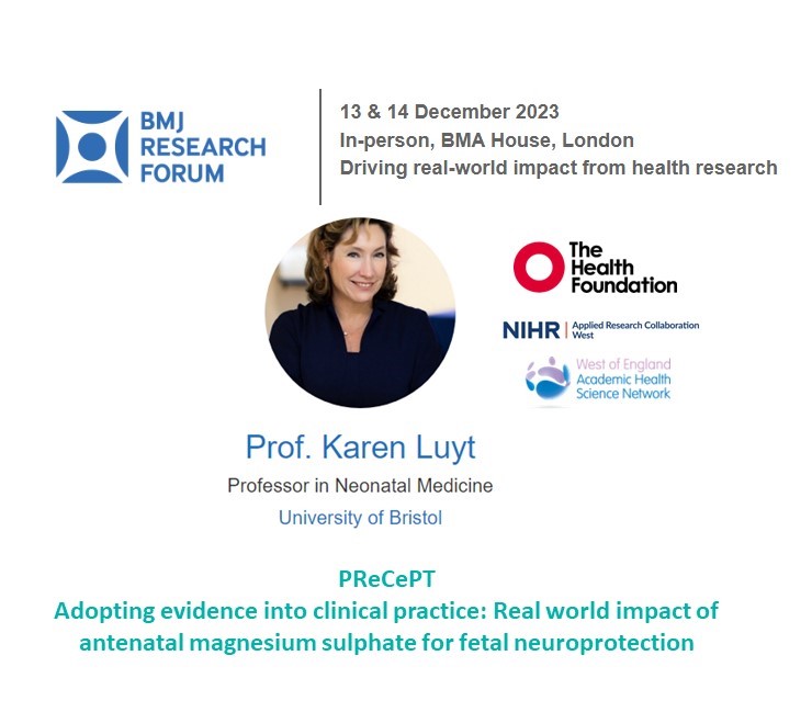 Join me at #bmjresearchforum on 14 December at 14:30 in the Harvey Room, where I'll be speaking about  <a href="/PReCePT_MgSO4/">PReCePT</a> "Adopting evidence into clinical practice: Real world impact of magnesium sulphate for fetal neuroprotection" <a href="/ARC_West/">NIHR Applied Research Collaboration (ARC) West</a> <a href="/HealthFdn/">The Health Foundation</a> <a href="/HealthInnovNet/">Health Innovation Network</a>