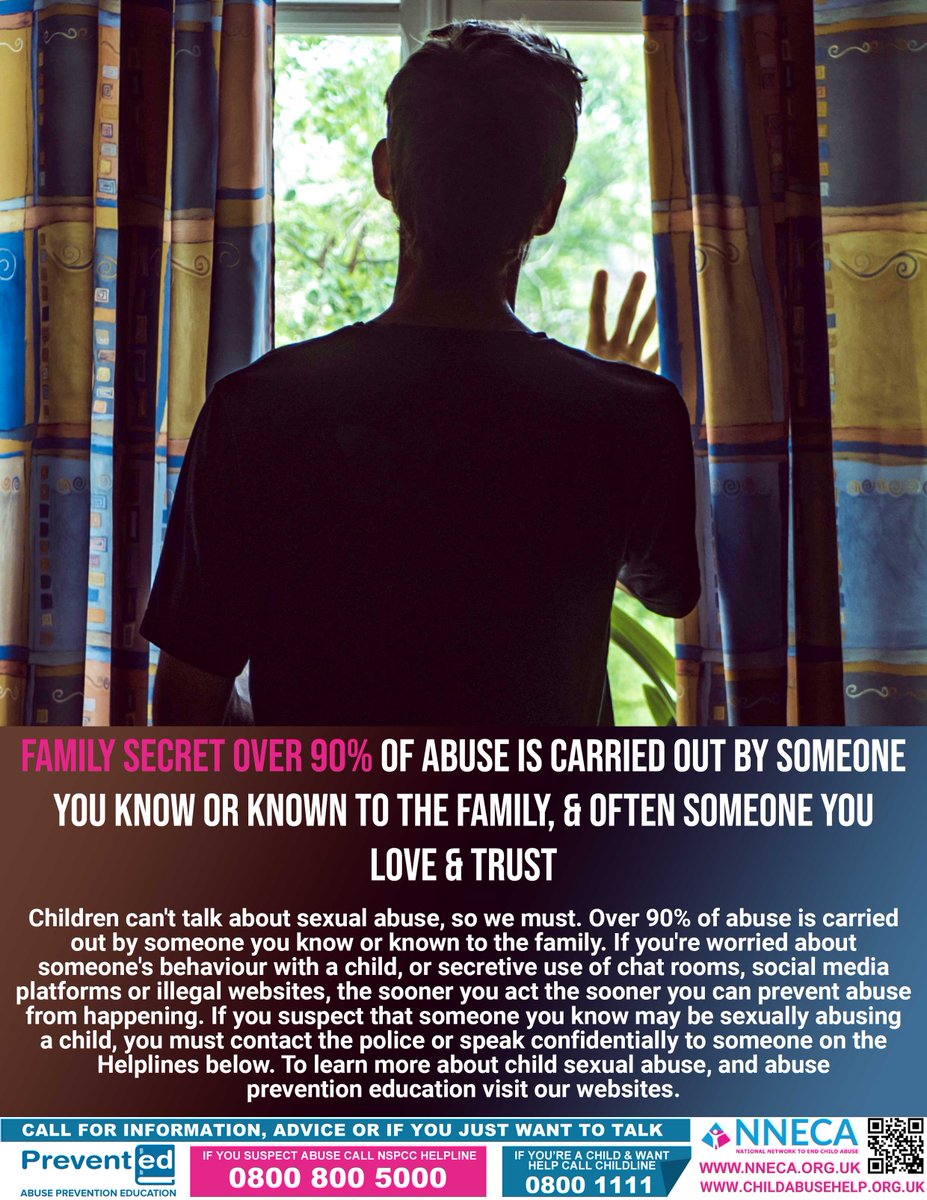 FAMILY SECRET – OVER 90% OF ABUSE IS CARRIED OUT BY SOMEONE YOU KNOW OR KNOWN TO THE FAMILY
If you suspect abuse, even from a loved one, SpeakUp to help them &amp; prevent further abuse #ChildAbuseHelp #AbuseEducation #FamilySecret #OnlineSafety #PreventED nneca.org.uk