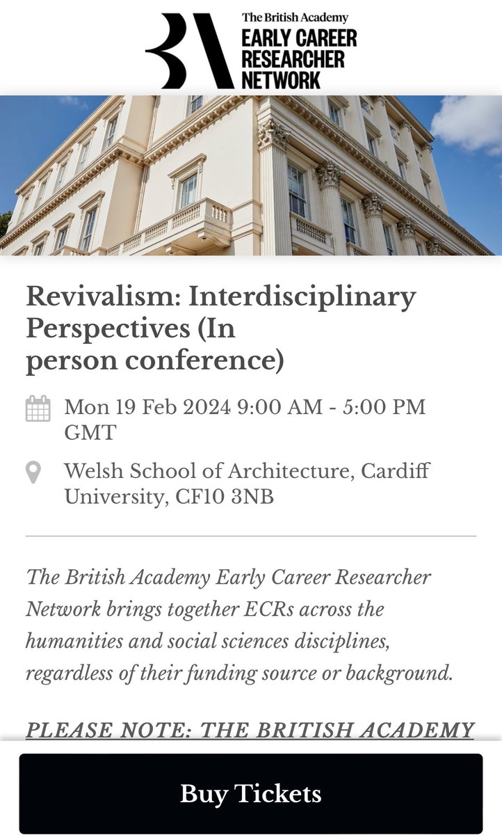 Free registration for my conference on Revivalism held @WSofArchi on 19 Feb. 2024 & funded by the @BritishAcademy_ ECRN is now live: tickettailor.com/events/earlyca…. I look forward to welcoming people to #cardiff to think about recreations of the past!