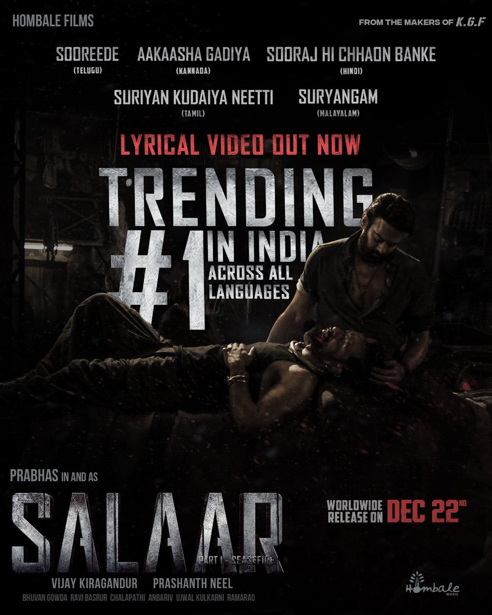 #SalaarFirstSingle is trending at #1 on @YouTubeIndia, captivating audiences across the globe 🎵 - bit.ly/Salaar-FirstSi… #Sooreede #SoorajHiChhaonBanke #AakaashaGadiya #Suryangam #SuriyanKudaiyaNeetti #Salaar #SalaarCeaseFire #Prabhas #PrashanthNeel @PrithviOfficial