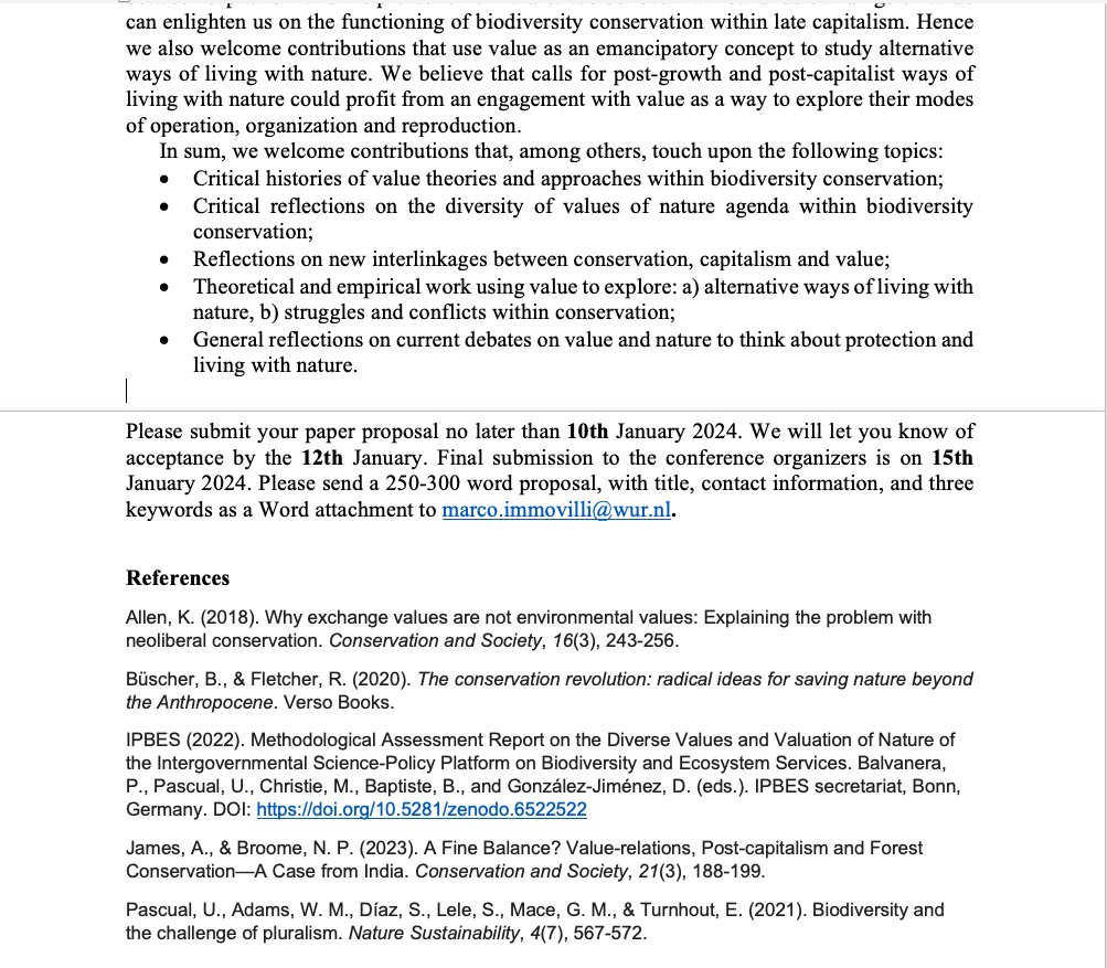 📢CfP for #POLLEN24 panel on Biodiversity conservation and the value turn New deadline: 10 January 2024! Conference: 10-12 June 2024, pollen2024.com Organised by @MarcoImmovilli & yours truly (@SDC_WUR ) @PolEcoNet @EstherMarijnen @anthfletch @Env_Pol