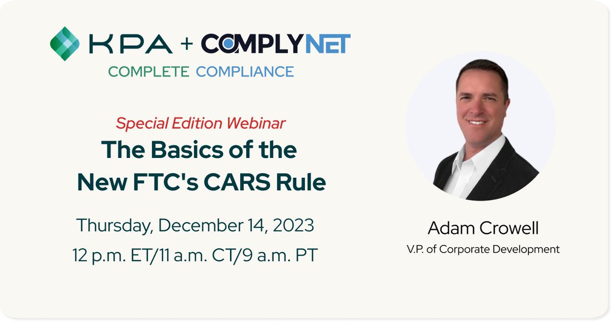 📢 Calling all dealerships! TODAY at 12 PM ET/9 AM PT, Adam Crowell, our VP of Corporate Development and an automotive compliance attorney, will be breaking down the FTC’s newly released CARS Rule.

Secure your spot now!: hubs.ly/Q02c-_F_0

#CARSRule #FTC