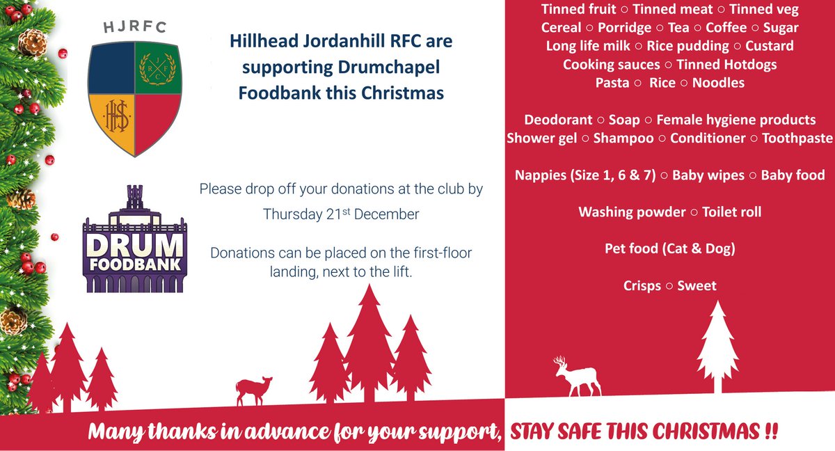 As in previous years, we are supporting Drumchapel Foodbank in the run up to Christmas.

Please donate by Thursday 21st December.

Donations can be left on the first floor landing of the clubhouse, next to the lift and trophy cabinet.

💙💚💛❤️