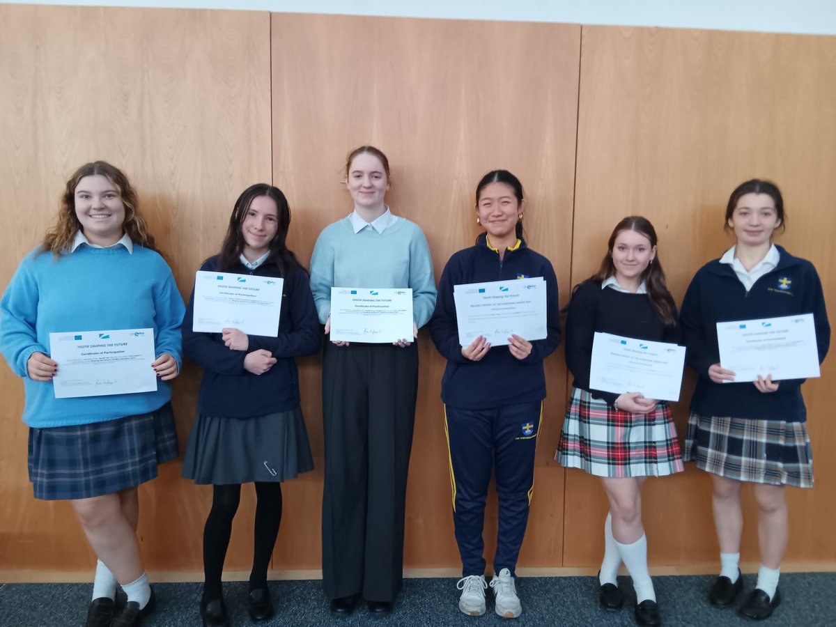 Our students with their certificates for participating in the Youth Shaping the Future #erasmusplus project. This involved a series of Agoras, a presentation, an #MEU in Brussels and a World Cafe #MyEU50 #Ireland <a href="/dfatirl/">Irish Foreign Ministry</a> <a href="/emireland/">European Movement Ireland</a> #euireland
