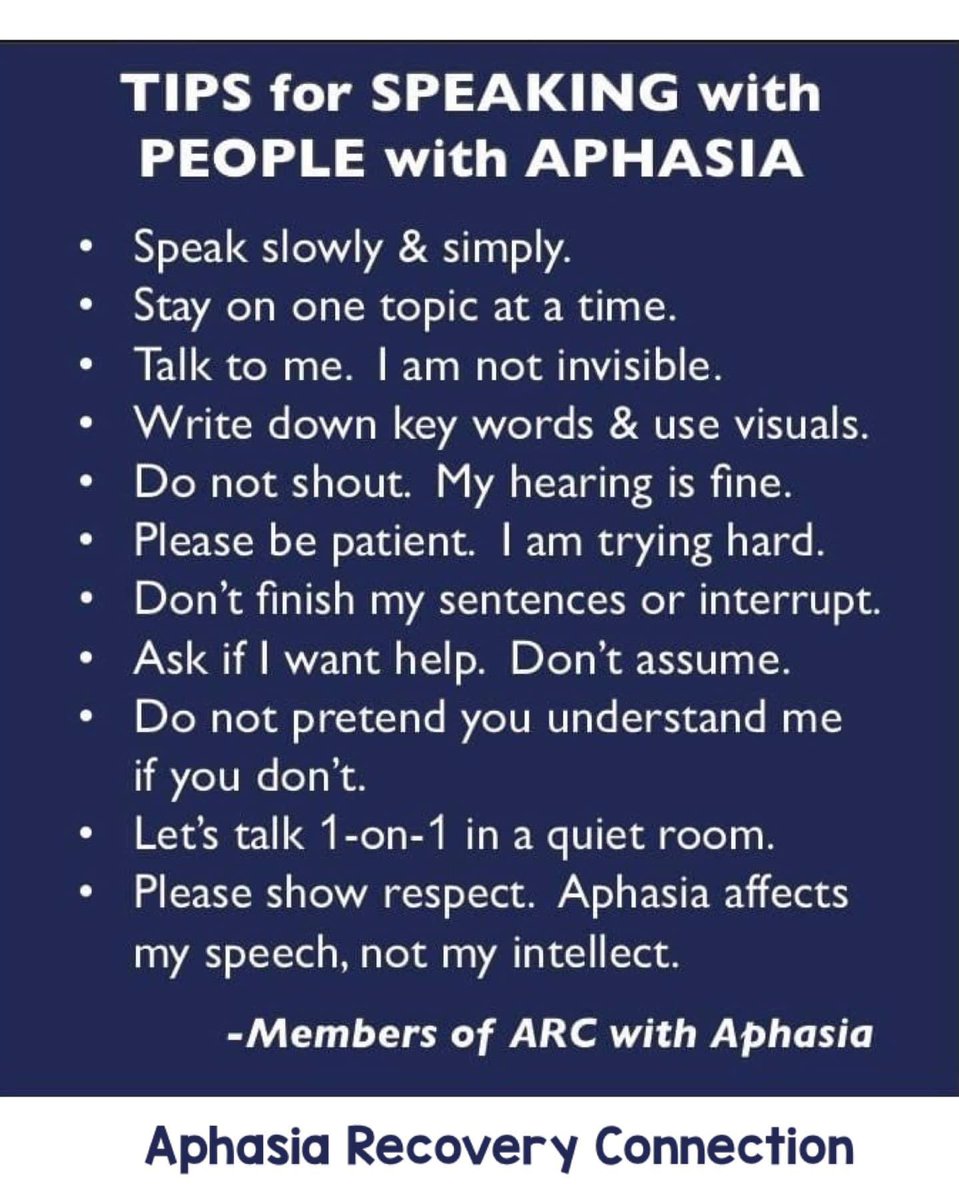 ARCaphasia's tweet image. Please share these tips for speaking with people with aphasia!

aphasiarecoveryconnection.org
#EndTheIsolation
#ARCMission
#TogetherWeCan