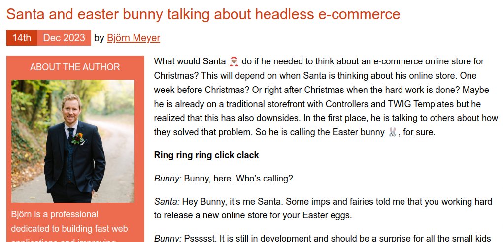 Day 14 - "Santa and easter bunny talking about headless e-commerce" - ecommerce-advent-calendar.com/2023/santa-and… by Björn Meyer ... you will meet Santa and the Easter bunny ;)