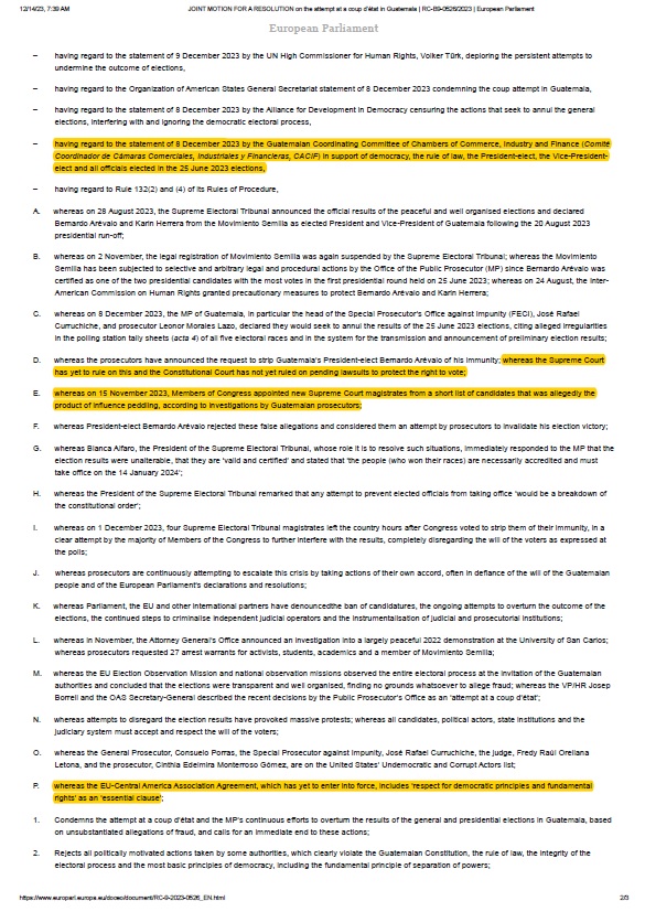 JuanPappierHRW's tweet photo. El Parlamento Europeo acaba de aprobar por mayoría rotunda (432 a favor, 9 en contra) una resolución sobre Guatemala.

Pide sanciones. Pone el ojo en la respuesta de @DrGiammattei, Congreso y altas Cortes. Recuerda importancia de respeto a la democracia para relación comercial. https://t.co/900jocCgiC