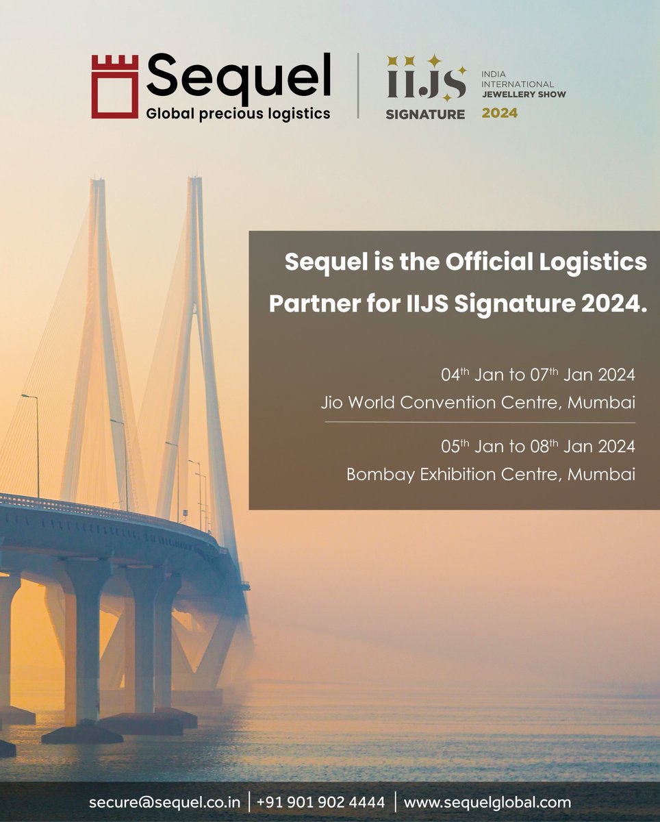 SequelLogistics's tweet photo. Sequel is the #OfficialLogisticsPartner for IIJS Signature 2024 organised by the GJEPC!

#SequelLogistics #Logistics #Vaulting #JewelleryExhibition #IIJSSignature2024 #Mumbai https://t.co/0B7NXf07py