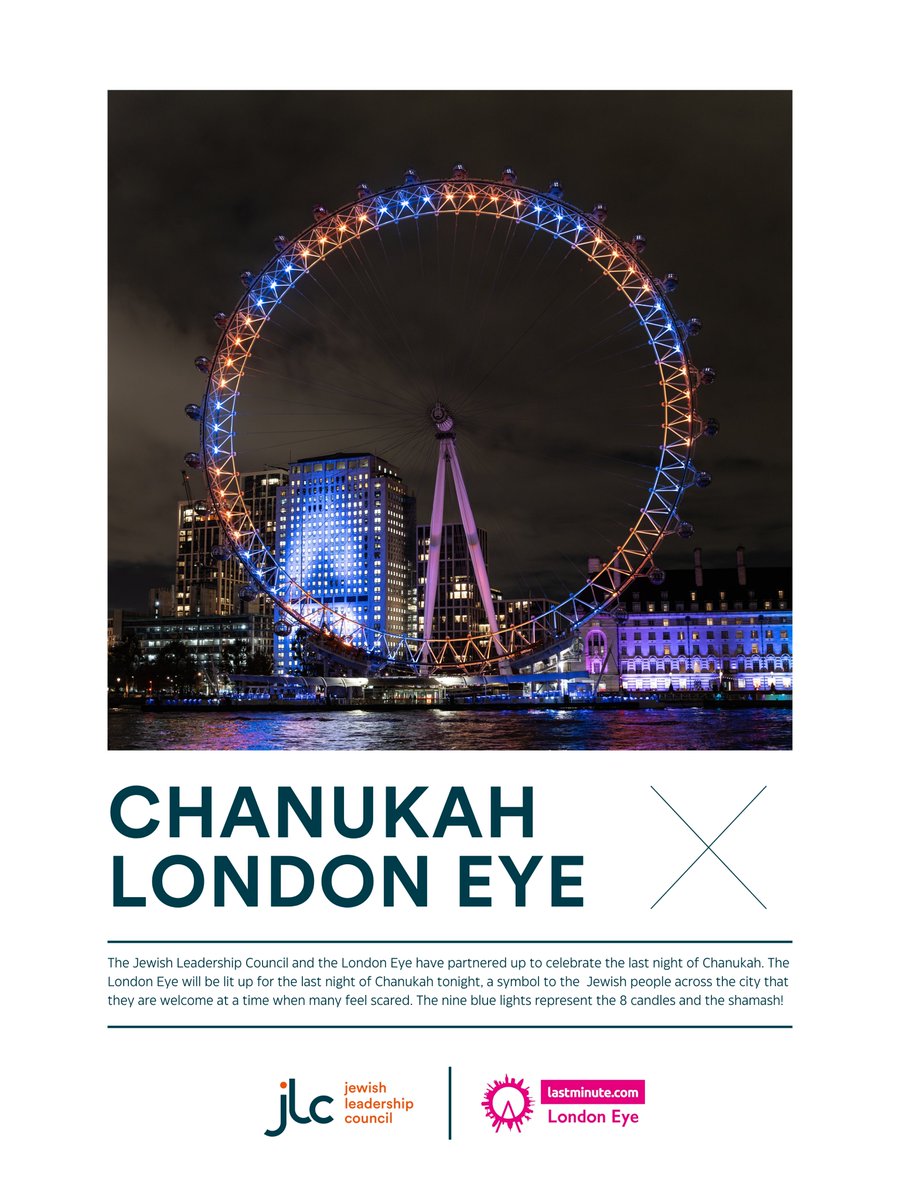 JLC_uk's tweet photo. Make sure to go and see the @TheLondonEye lit up for the final night of Chanukah tonight! The blue lights represent the 8 candles and the shamash. At a time when many in the community are fearful, we are pleased to be able to celebrate our Jewish identity proudly. #lightwithpride https://t.co/vtuxvhh06Q