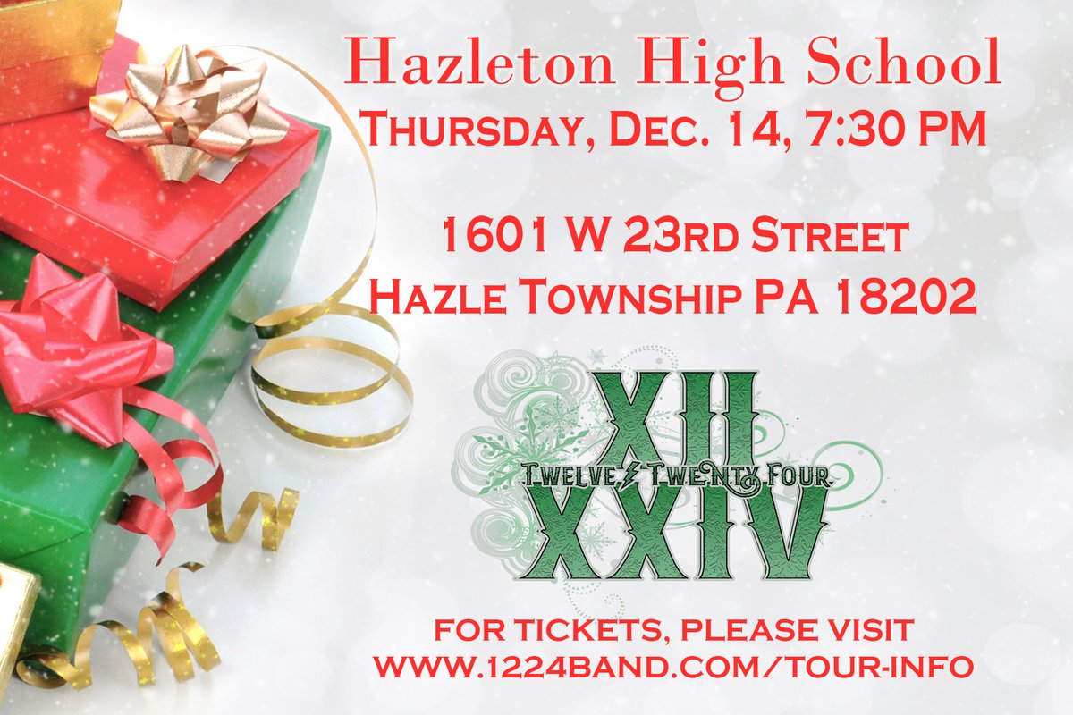 12twentyfour's tweet photo. Tonight, we return to the stage at Hazleton Area High School.  As a reminder, tonight's show that it will be at the high school - NOT THE WILTSIE CENTER!  The high school is located at 1601 W 23rd Street, Hazle Township, PA 18202.  We'll see you in a few hours! https://t.co/47CYFLF5SC
