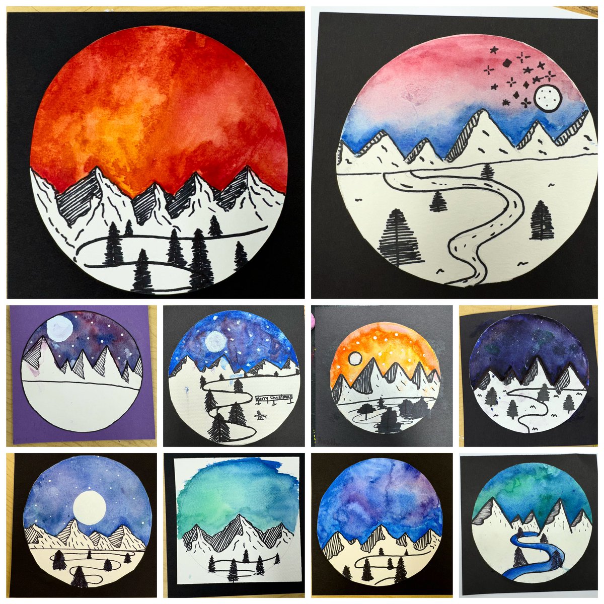 Check out these beautiful winter landscapes created by the Art Club! Inspired by the artwork of <a href="/jenaranyi/">Jen</a> and the video by @cassie_stephenz, art club members combined watercolor and sharpie to make these eye-catching scenes 🌄 

#middleschoolart #arted #artsed #listentolearnxrds