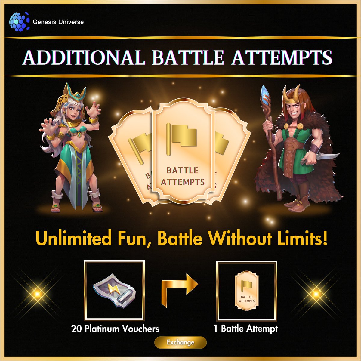 GenesisUnivers's tweet photo. 🔓 Unlock the ultimate battle experience! 🚀 Introducing additional battle attempts – because why stop the fun? 🎮💪 Purchase now and immerse yourself in an endless gaming adventure! 🌟 How many victories can you secure? 🏆🔥
🔗 https://t.co/ZLzt2ilk9A
#TreasureDrop #PvE #GenesisUniverseBounty