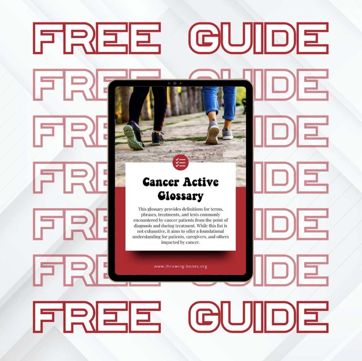 Did you download the FREE #CancerActive Glossary?

This glossary provides definitions for terms, phrases, treatments, and tests commonly encountered by cancer patients from the point of diagnosis and during #treatment.

linktr.ee/throwingbones

#nonprofit #cancercare