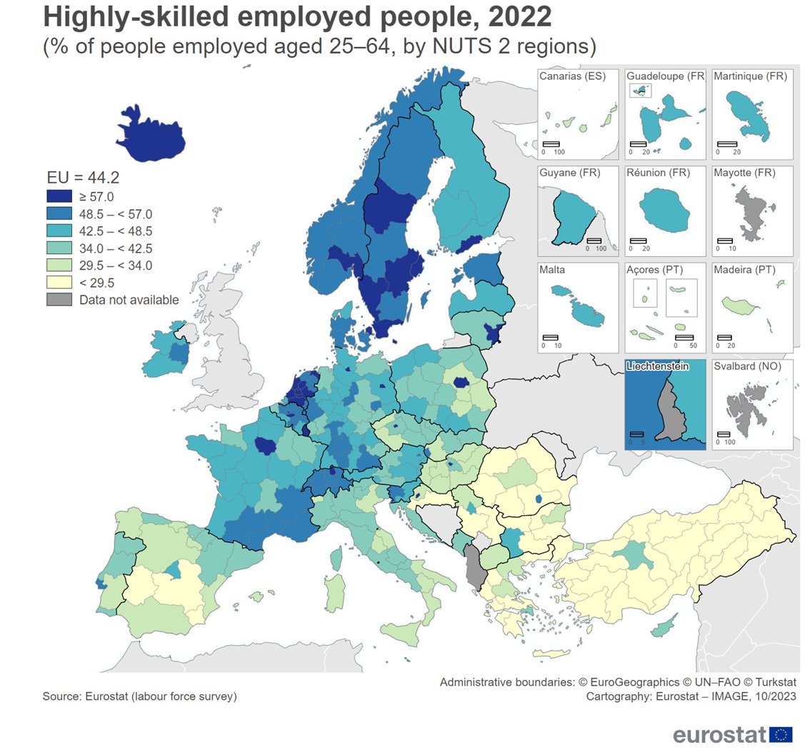 marcvidal's tweet photo. nivel de empleo de alta cualificación por regiones europeas... ¿qué te sorprende? https://t.co/M3upftAcAo