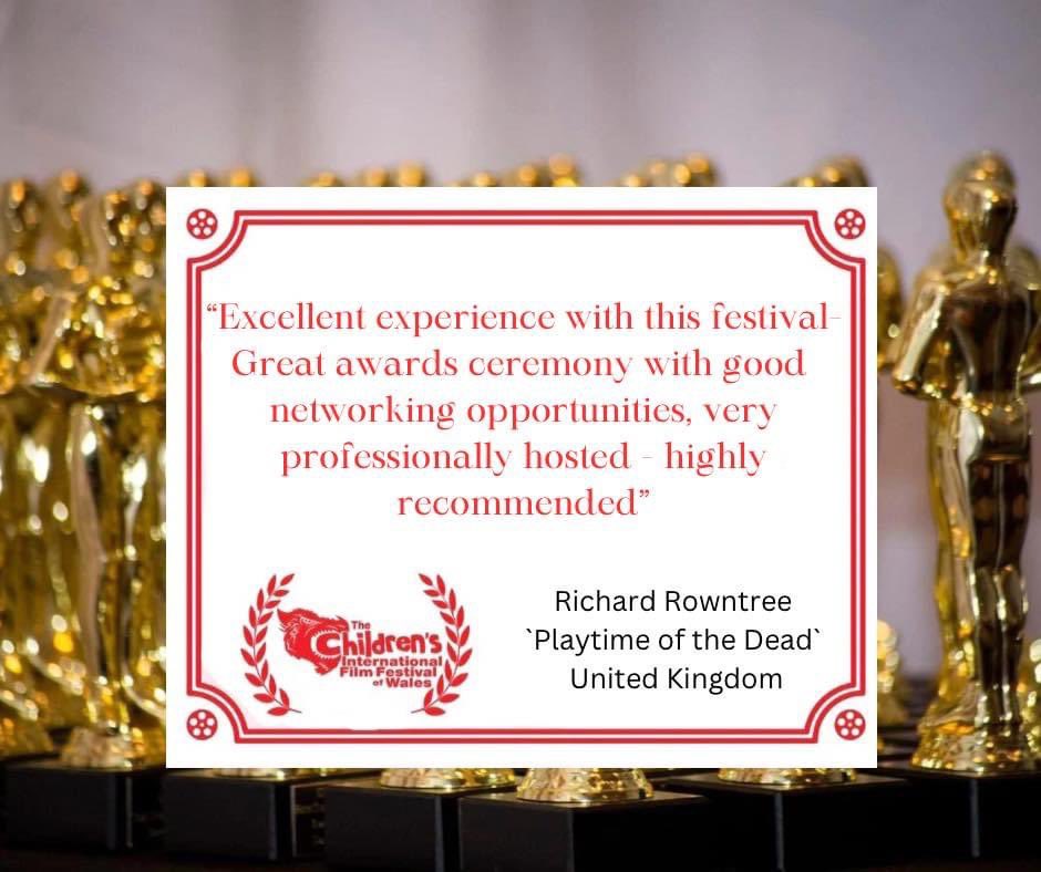 “Excellent experience with this festival” 👏

Another fantastic review here from Richard Rowntree, father of the award winning directors Grace and Joanna Rowntree, for their film ‘Playtime of the Dead’ 🏆

To read more reviews follow this link below ⬇️ 
filmfreeway.com/TheChildrensIn…