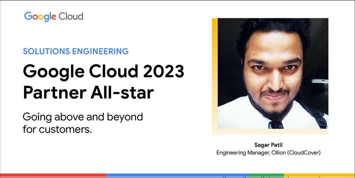 sagarpatil23192's tweet photo. I am excited to announce that I’ve been recognized as a 2023 Google Cloud Partner All-Star in Solutions Engineering! Thank you @googlecloud for your recognition and partnership. I would like to appreciate the support provided by the team at Ollion @cldcvr #partnerallstars https://t.co/MPkHp0Fs3L