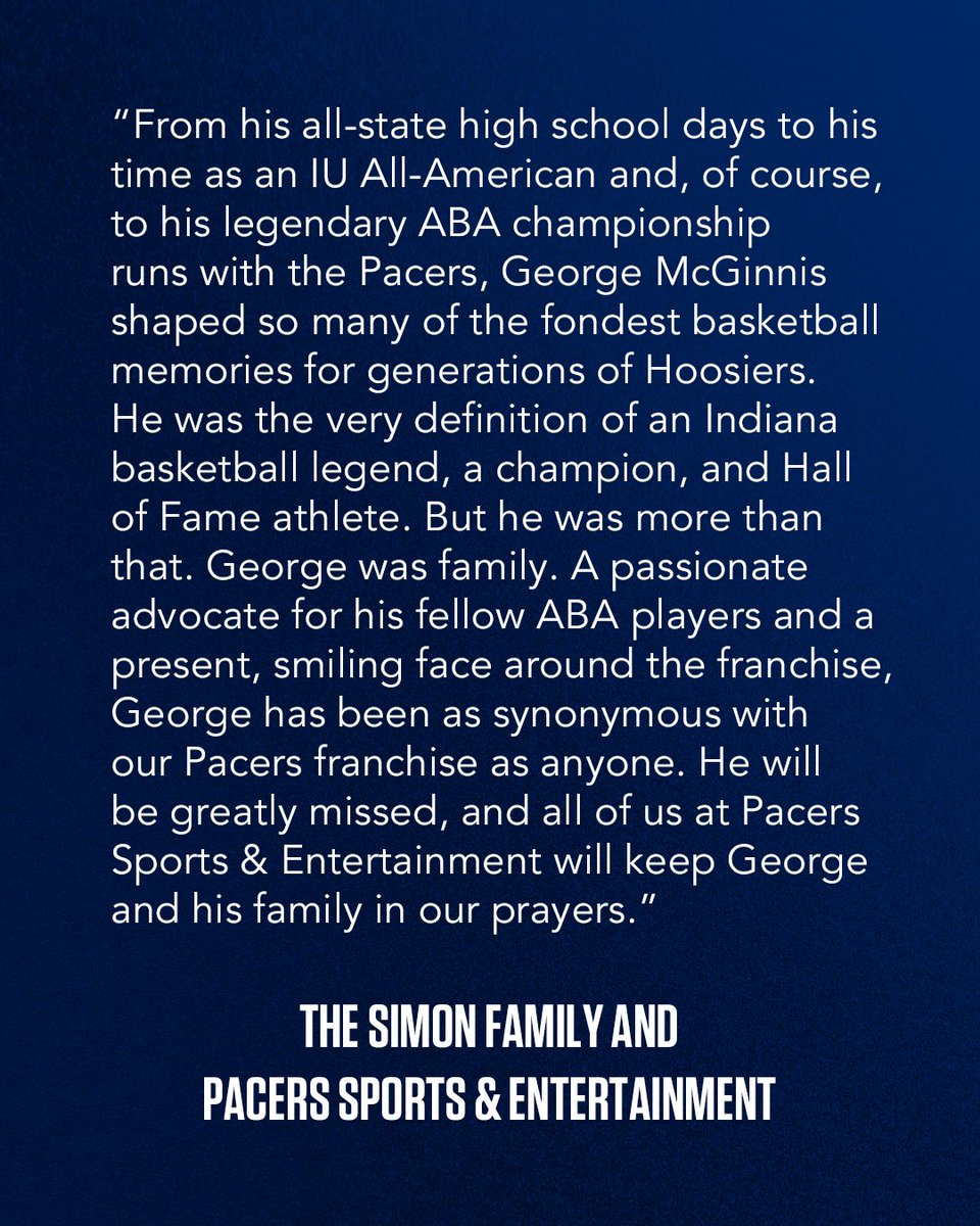 We are deeply saddened to announce the passing of Hall of Famer George McGinnis.

"[George] was the very definition of an Indiana basketball legend, a champion, and Hall of Fame athlete. But he was more than that. George was family."

on.nba.com/3Ntk3pf