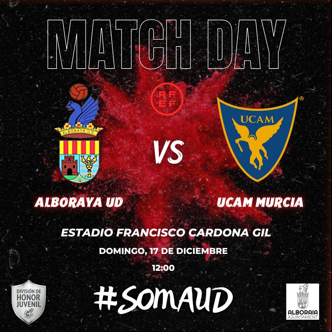 🗓 Domingo 17 de diciembre a las 12:00

🏟 Estadio Municipal Francisco Cardona Gil de Alboraya 📍

🏆 #DivisióndeHonor #Juvenil🔝

⚔️ #AlborayaUD - #UCAMMurcia 🔥

🔴⚫🌟 #Alborayanuncaserinde 
#somAUD #somdAlboraya
#Fútbol #Escuela #Equipo