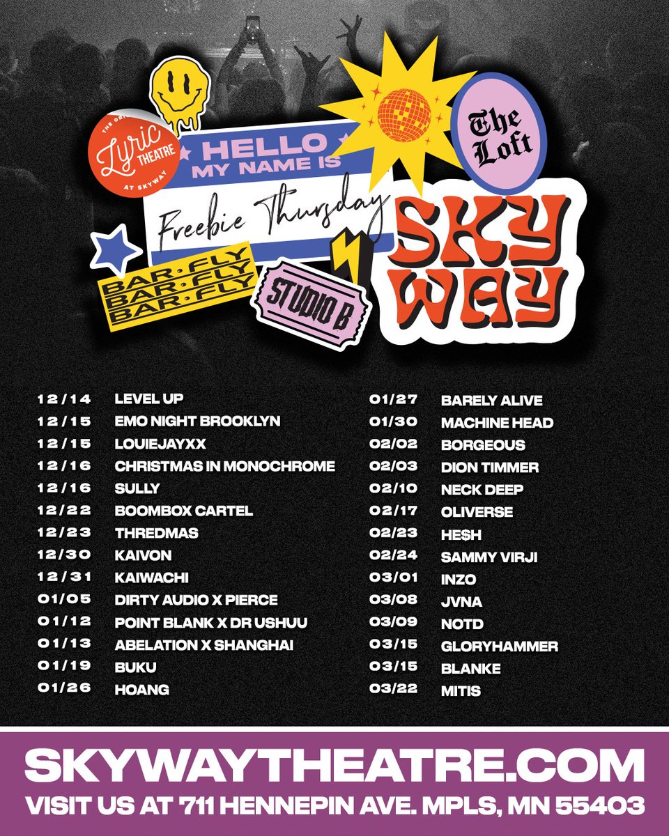 SkywayTheatre's tweet photo. 🎫 FREEBIE THURSDAY 🎫

Enter to win a pair of tickets to any of the shows listed above! All you have to do is.... 
1. LIKE this post! 
2. RT this post! 
3. COMMENT below with the show you want to attend + tag a friend!

Visit our other socials for more chances to enter! https://t.co/wcvJKGCgFL