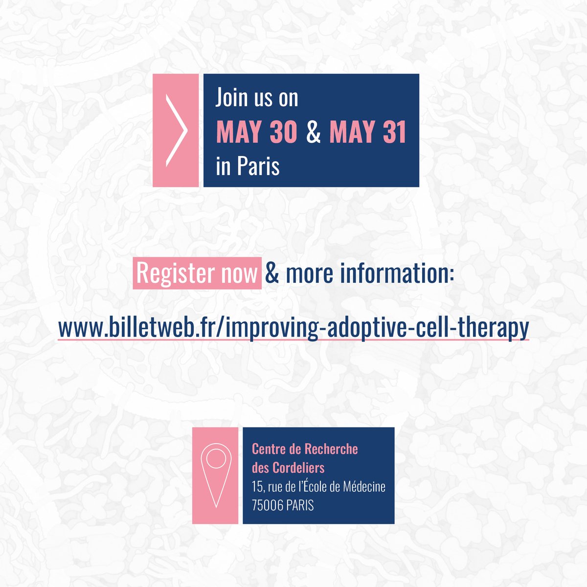 Gustave Roussy (@gustaveroussy) on Twitter photo Save the date ! 📆
<a href="/GustaveRoussy/">Gustave Roussy</a> organise une rencontre internationale sur l'amélioration de la thérapie cellulaire adoptive.
👉 Rendez-vous les 30-31/05 au @CRCordeliers.
Inscriptions : billetweb.fr/improving-adop… Save the date ! 📆
<a href="/GustaveRoussy/">Gustave Roussy</a> organise une rencontre internationale sur l'amélioration de la thérapie cellulaire adoptive.
👉 Rendez-vous les 30-31/05 au @CRCordeliers.
Inscriptions : billetweb.fr/improving-adop…