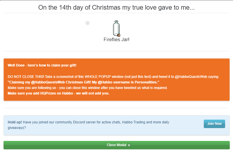 HabTracy's tweet photo. Claiming my @HabboQuestsWeb Christmas Gift! My @Habbo username is Personalities. https://t.co/e0ENmiR8bH