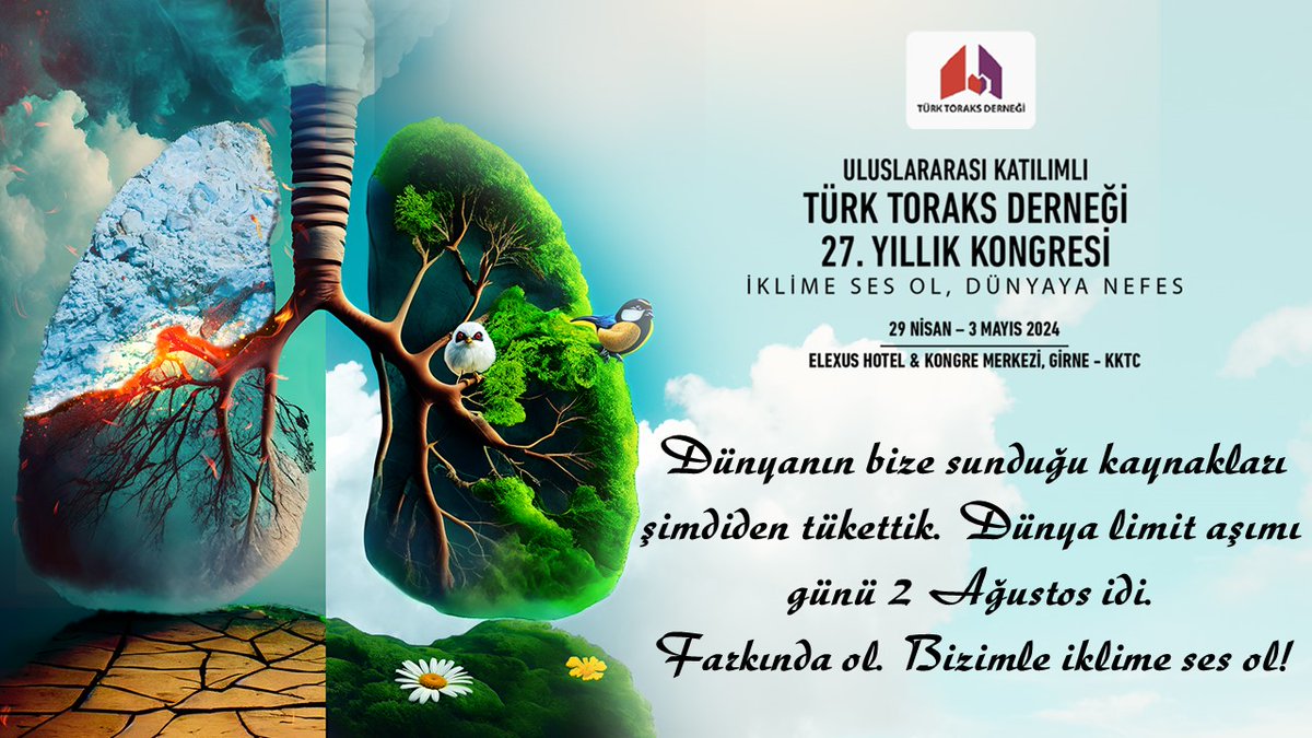 Dünyanın bize sunduğu kaynakları şimdiden tükettik.
Dünya limit aşımı günü 2 Ağustos idi.
Farkında ol. Bizimle iklime ses ol!
Ajandalarınıza Türk Toraks Derneği 27. Yıllık Kongresi İçin 29 Nisan-03 Mayıs 2024 Tarihini Not Almayı Unutmayınız...