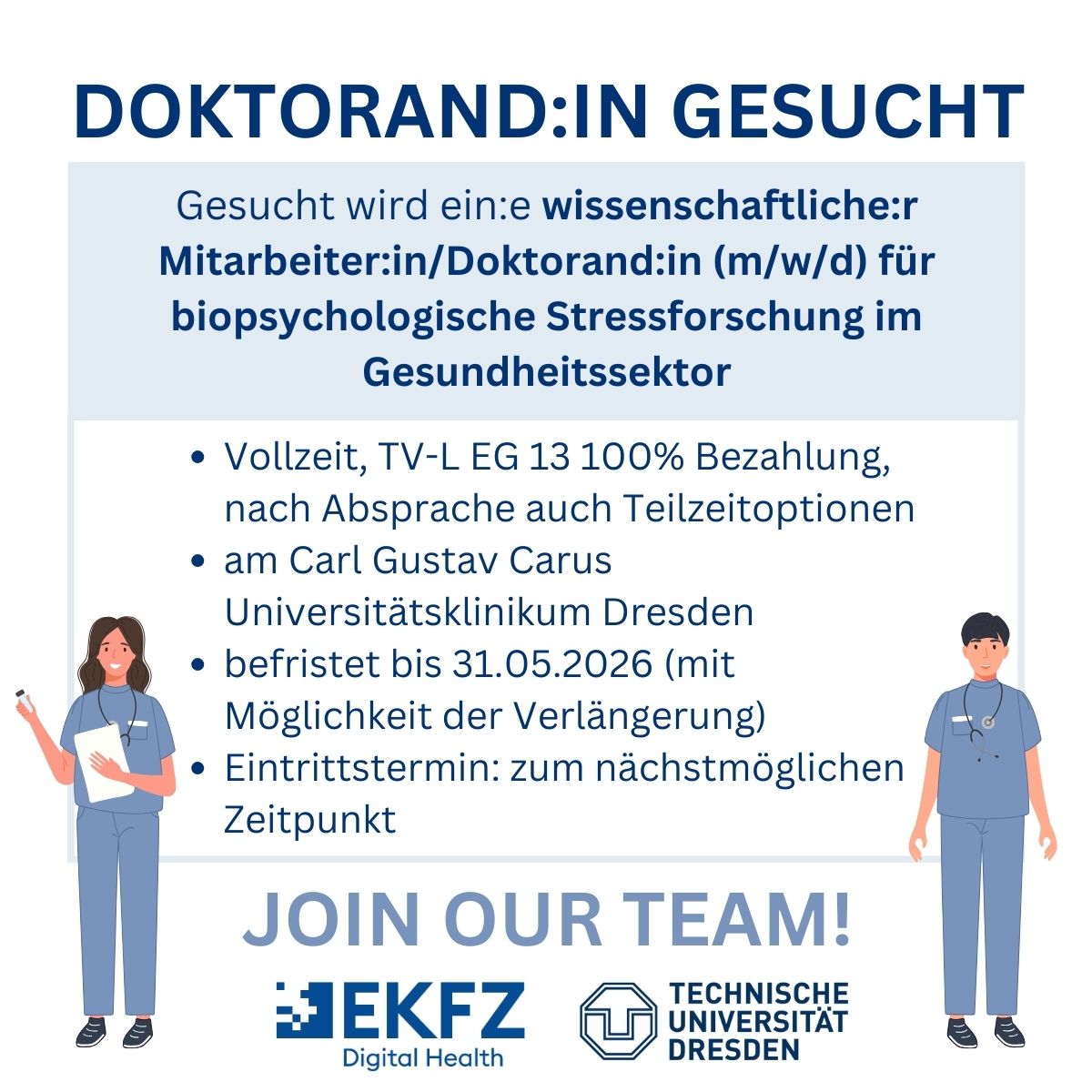 Magdalena Wekenborg (@magwekenborg) on Twitter photo Gesucht wird ein:e wissenschaftliche:r Mitarbeiter:in/ Doktorand:in (m/w/d), in Vollzeit TV-L EG 13 100% Bezahlung (Teilzeit möglich), für biopsychologische Stressforschung im Gesundheitssektor am <a href="/EKFZdigital/">Else Kröner Fresenius Center for Digital Health</a>, @Medizin_TUD. Gesucht wird ein:e wissenschaftliche:r Mitarbeiter:in/ Doktorand:in (m/w/d), in Vollzeit TV-L EG 13 100% Bezahlung (Teilzeit möglich), für biopsychologische Stressforschung im Gesundheitssektor am <a href="/EKFZdigital/">Else Kröner Fresenius Center for Digital Health</a>, @Medizin_TUD.