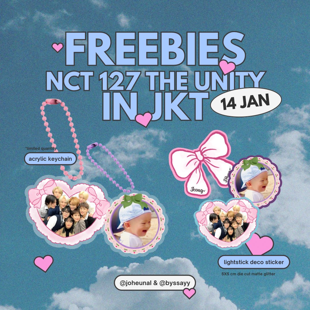 joheunaI's tweet photo. FREEBIES for NCT 127: THE UNITY in JKT ·˚ ༘

—— by @joheunaI 🎀.

date: 14 JAN (day-2)
time, meeting spot: TBA

rules: 
♥︎ rt + like
♥︎ please follow @byssayy ♡
♥︎ other deets are on pic

RTs are vv appreciated!
c u thank cuuuw ♡

#TheUnityinJakarta #NEOCITY_THE_UNITY_JKT https://t.co/eb2pK91dNZ