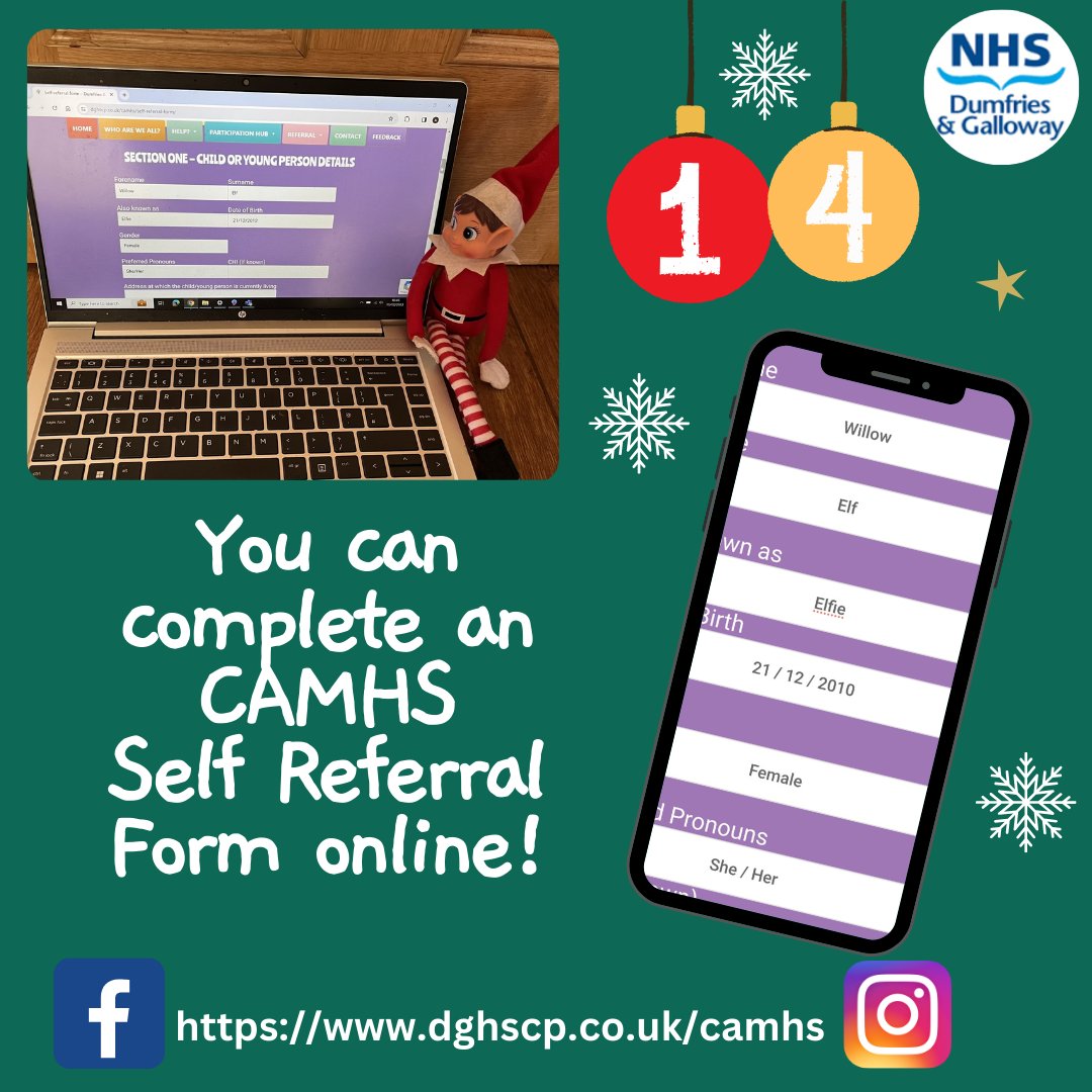Day 14💻Did you know? You can complete a CAMHS Self Referral Form Online. 📱 Check out our website link in our bio. #CAMHSDGSelfRefferalForm #CAMHSDGWebsite #CAMHSParticipation @FionaPaton11 @CAMHSNetwork @ElfandWellbeing