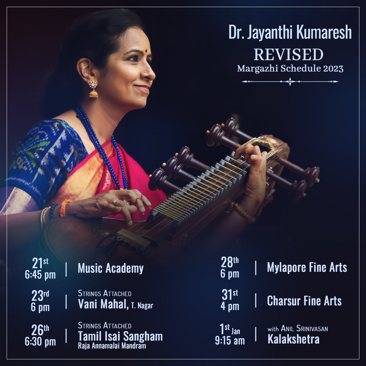 JayanthiVeena's tweet photo. #UPDATEDSCHEDULE!! Here is my revised schedule for this year’s Chennai Margazhi festival. https://t.co/3fLxUQq3e0