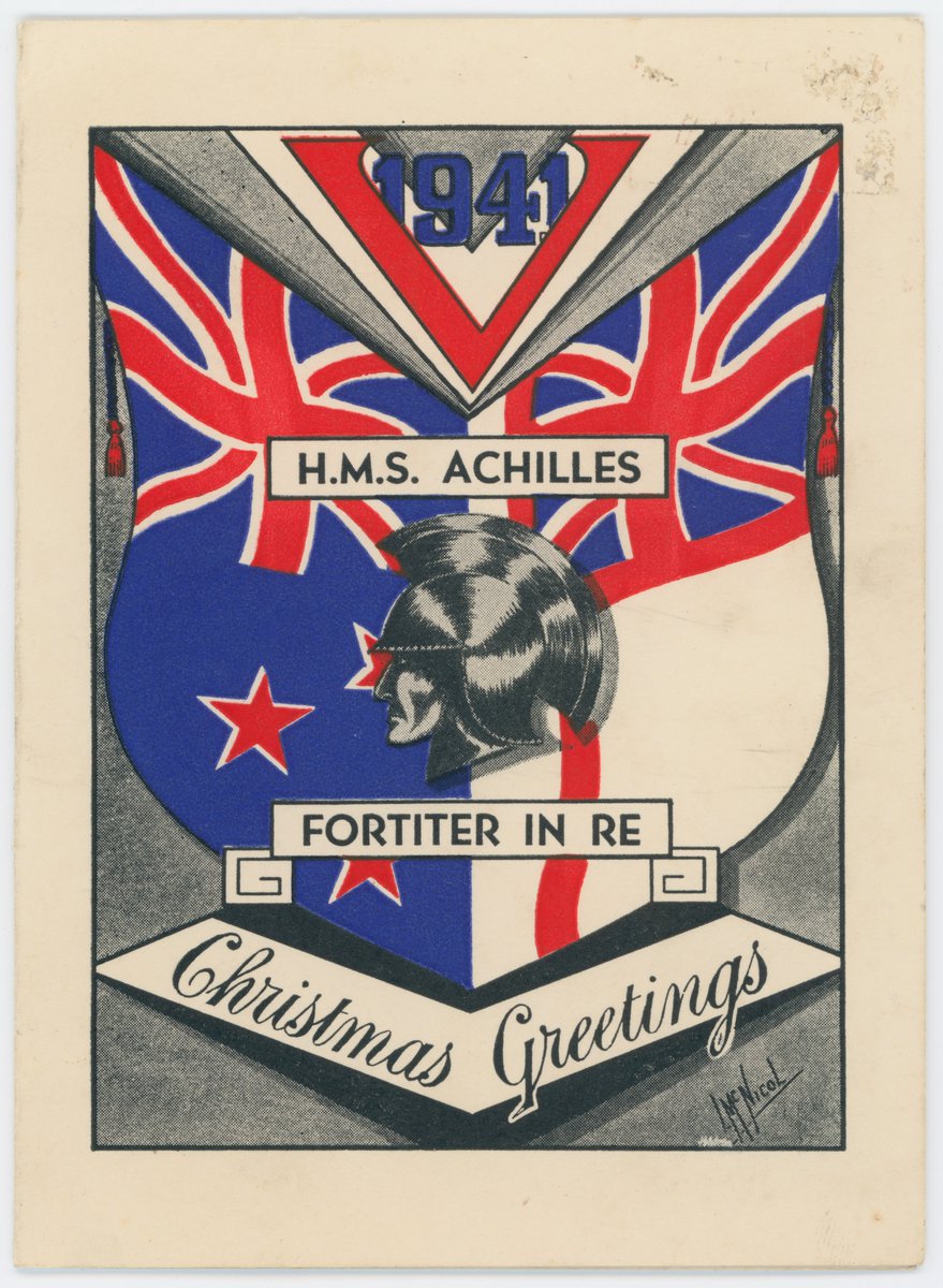 LemuelLyes's tweet photo. Staying with HMS Achilles, this Xmas card is from 1941.

In September she had been recommissioned HMNZS Achilles in the newly established Royal NZ Navy. Curiously this change isn't reflected in this card, perhaps the design had already been sent to the printers.

My Collection https://t.co/SWqekN5IQt