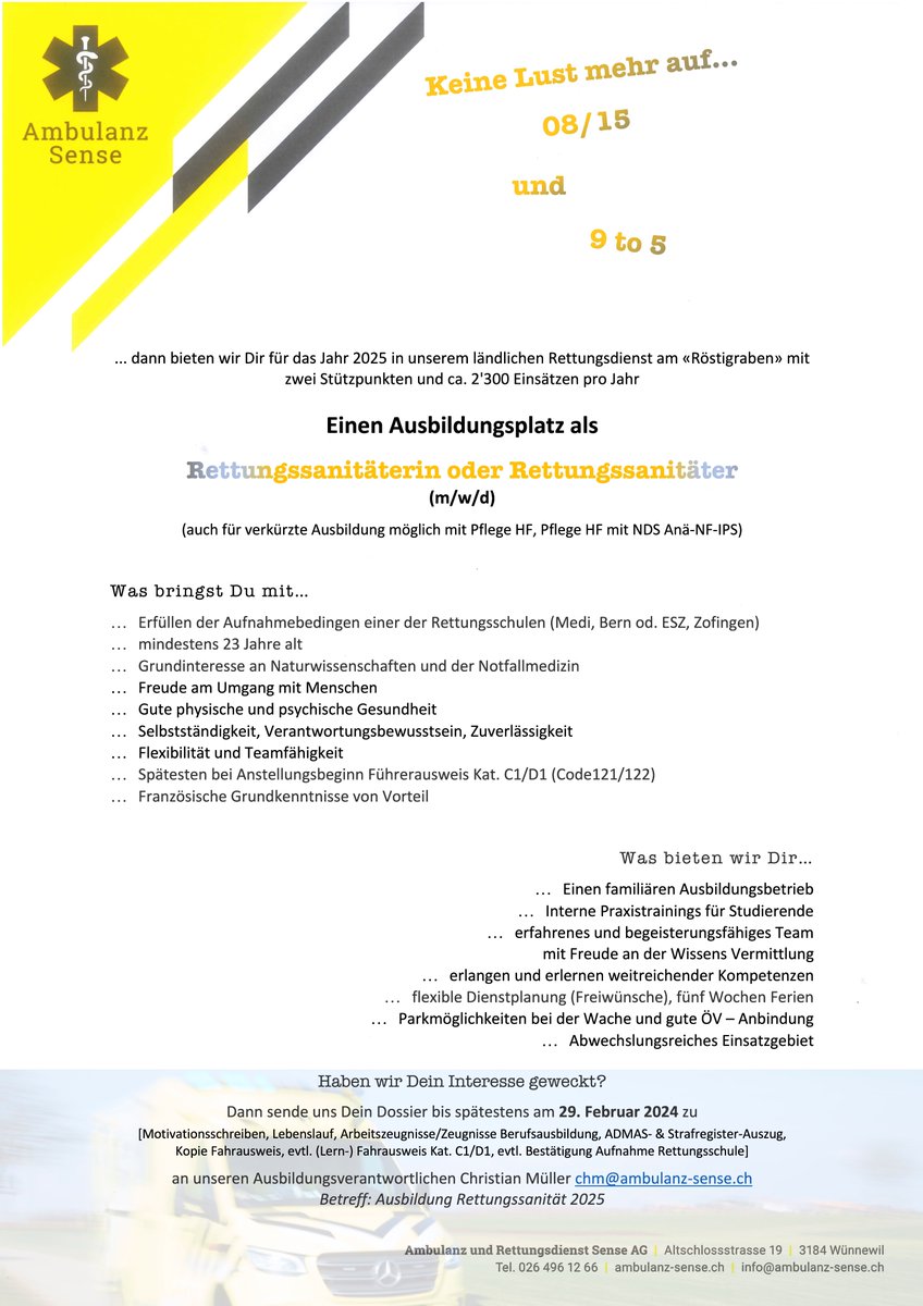 Genug von 08/15? Und auch einmal Lust "5to9" zu arbeiten, dann melde Dich jetzt bis Ende Februar 2024 für unseren #Ausbildungsplatz als #Rettungssanitäterin/#Rettungssanitäter...

#Ausbildung #Studierende #RSiA #Notfallmedizin #Ambulanz #Rettungsdienst #AmbulanzSense #Bewerbung