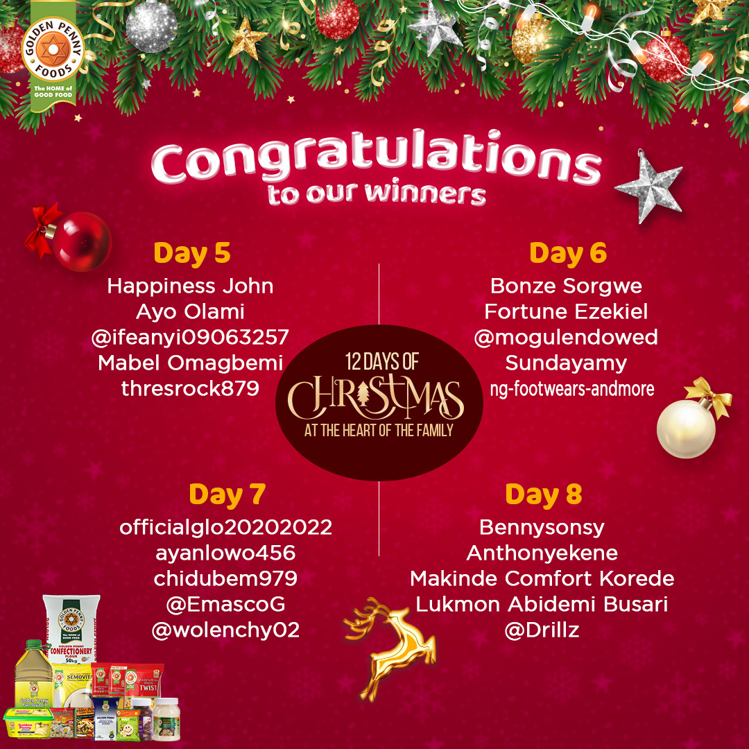 GPennyFoods's tweet photo. Congratulations to our winners.

12 Days of Christmas At The Heart Of The Family has been amazing.

You can also enjoy our 12 Days of Free Meals happening at selected bus stops across Lagos.

This season is all about giving and sharing, and we are ready!
#gp12daysofchristmas https://t.co/f62eOHrukz