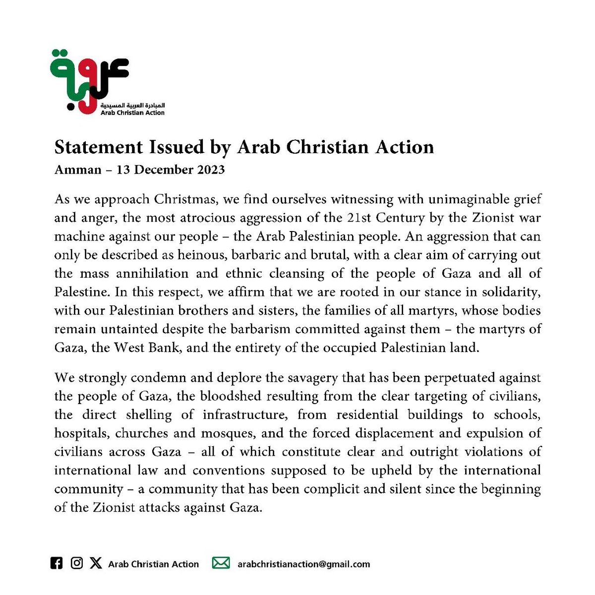 Arabchrisaction's tweet photo. Statement Issued by Arab Christian Action
Amman – 13 December 2023

#عروبة #المبادرة_العربية_المسيحية #الاردن
#arab_christian_action #arab 
More on Facebook link
https://t.co/u0N6a2TVxv https://t.co/dotjKLexJe