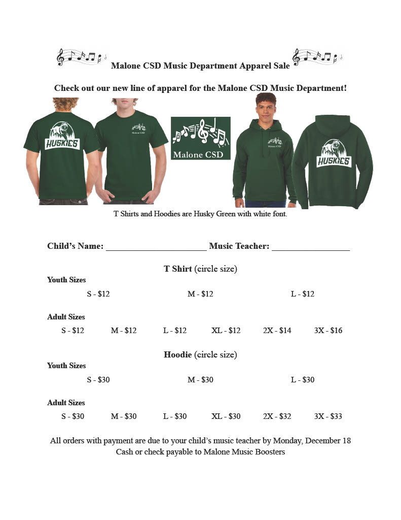 MaloneCSDMusic's tweet photo. The Malone CSD Music Department Apparel Sale ends on Monday, 12/18! Use the Google Form to submit your order today! @mcsdFA @mcsdMMS @FlandersElem @DavisLeader @StJoesElem @MaloneCSD 

https://t.co/ojZ2iDTRGm https://t.co/tbgORCZD44