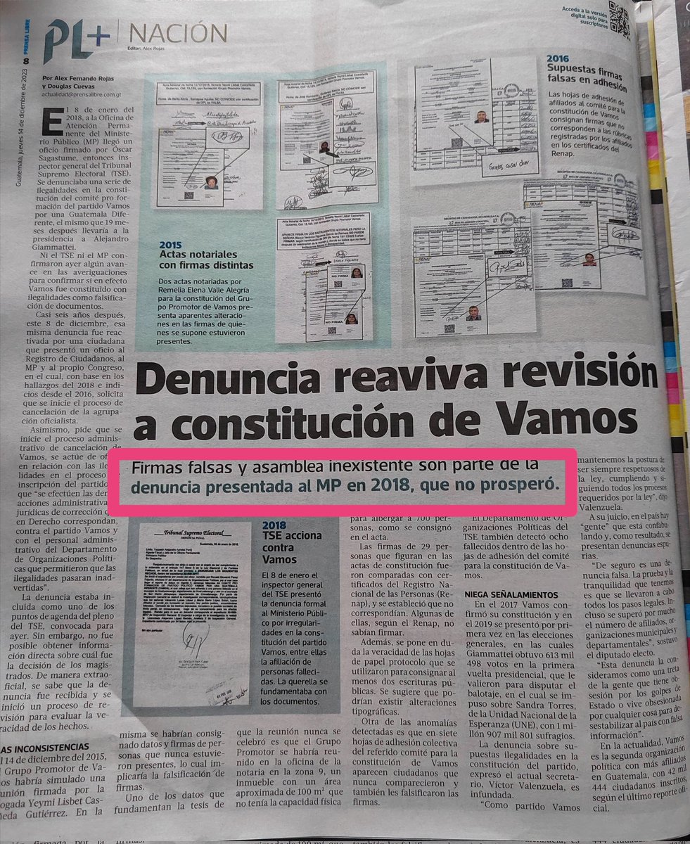 Pero que casualidad con el mamarracho de trabajo del <a href="/MPguatemala/">MP de Guatemala</a> resulta que una denuncia por la constitución del <a href="/PartidoVamosGt/">Partido Vamos</a> no prosperó desde 2018. En cambio, en contra de Semilla el actuar no solo es fraudulento sino que inmediato.
Nuevamente, corrupto el MP